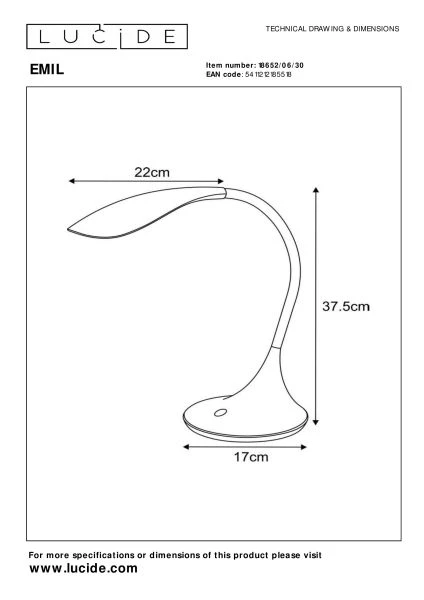 Lucide EMIL - Lampe de bureau - LED Dim. - 1x4,5W 3000K - Noir - technique